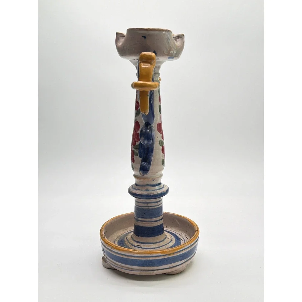 Vintage Italian Majolica Pottery Candlestick Hand Painted Floral Scroll 12.5